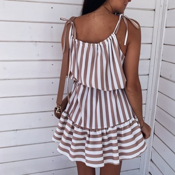 Boho Striped Ruffle Hem Cami Mini Dress Tie - Picture 4 of 6